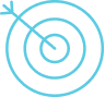 Cible lumineuse bleue avec cercles concentriques et flèche atteignant le bord, symbolisant l'objectif et la précision.