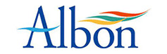Logo Albon bleu avec vaguelette bleue traversant le 'A' et trois vagues colorées (rouge, sarcelle, orange) au-dessus du texte.