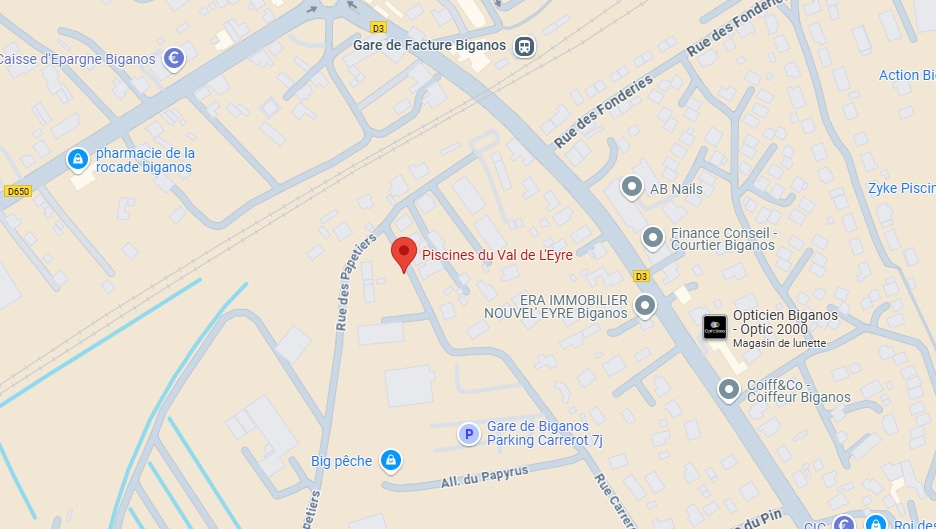 Carte de Biganos montrant Piscines du Val de L'Eyre (épingle rouge), près de Gare de Facture, Pharmacie, Opticien 2000 et routes D3, D650.
