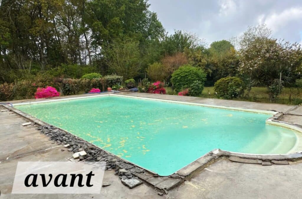 Piscine avant rénovation, eau verdâtre et bordure de dalles cassées, entourée d'une végétation dense et de fleurs roses.